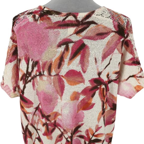 Chicos Sweater 2 Womens Large Ivory Pink Floral Cotton Knit Cap Sleeve Oversized - Picture 9 of 14